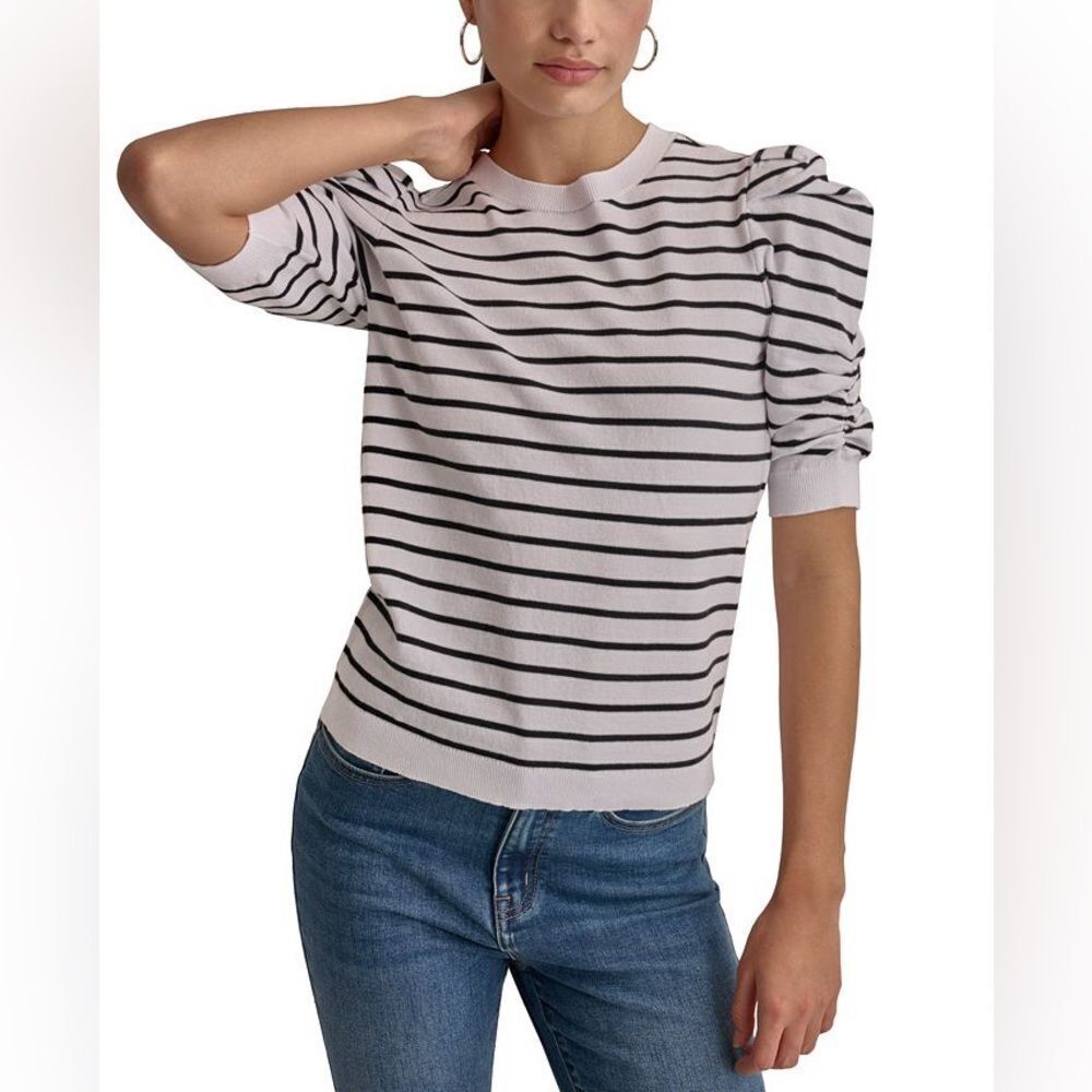 DKNY JEANS Women's Striped Ruched-Sleeve Crewneck Top